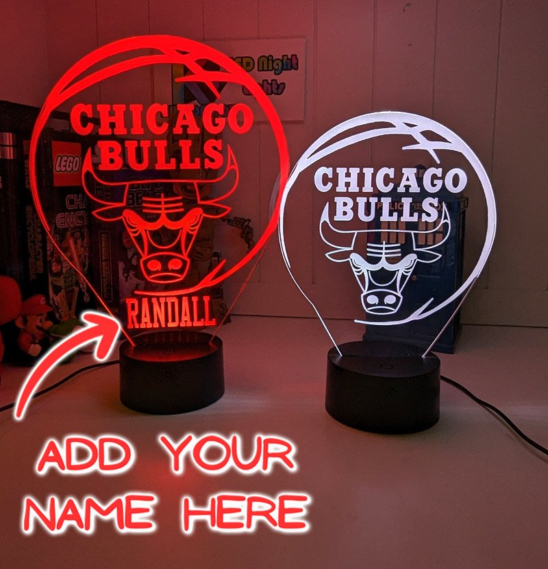 Custom Chicago Bulls basketball LED lamp with engraved name and multi-colour lighting