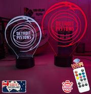 personalised Detroit Pistons 3D LED night light glowing in 7 colours, perfect for fans or kids’ rooms