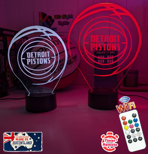 personalised Detroit Pistons 3D LED night light glowing in 7 colours, perfect for fans or kids’ rooms