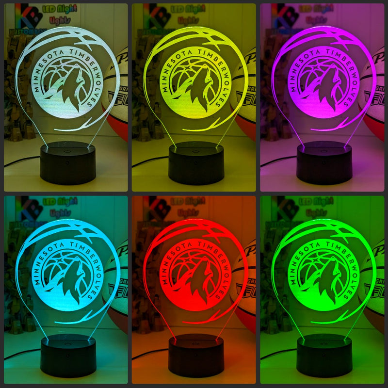 Minnesota Timberwolves custom 3D LED lamp with engraved name, showing bright multi-colour glow