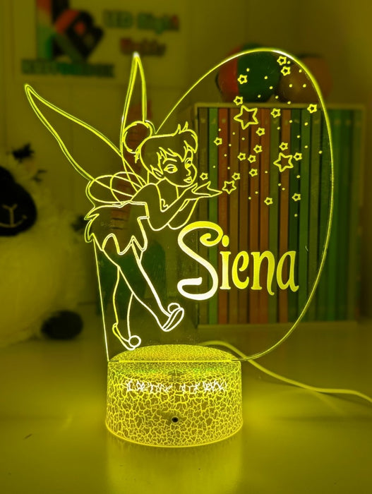Personalised Fairy Tinker Bell 3D LED Night Light Lamp - KustomboxNight Lights & Ambient LightingKustomboxStandard Size - No NameWhite Crack Base