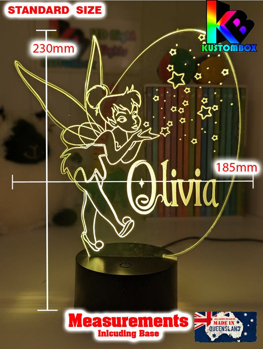 Personalised Fairy Tinker Bell 3D LED Night Light Lamp - KustomboxNight Lights & Ambient LightingKustomboxStandard Size - No NameWhite Crack Base
