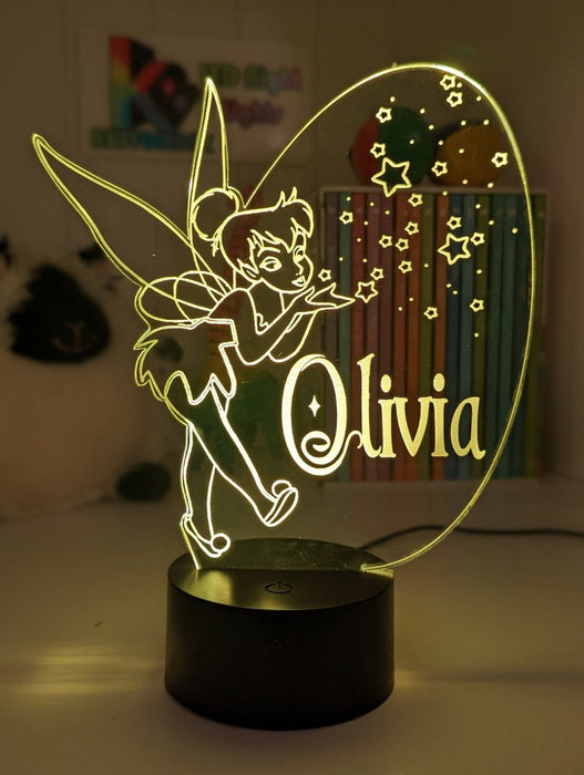 Personalised Fairy Tinker Bell 3D LED Night Light Lamp - KustomboxNight Lights & Ambient LightingKustomboxStandard Size - No NameWhite Crack Base