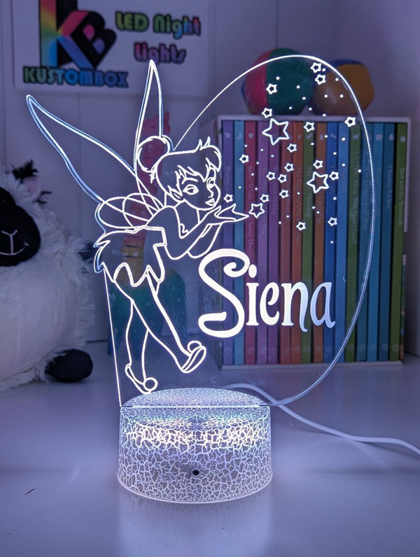 Personalised Fairy Tinker Bell 3D LED Night Light Lamp - KustomboxNight Lights & Ambient LightingKustomboxStandard Size - No NameWhite Crack Base