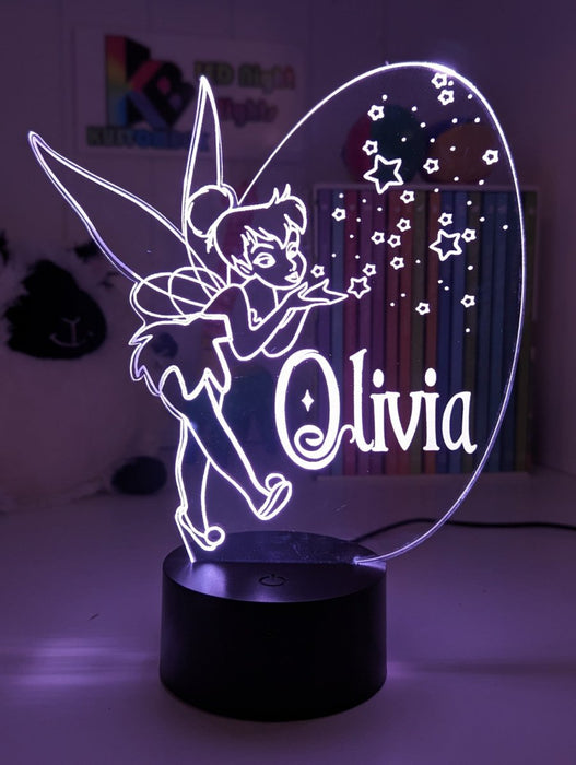 Personalised Fairy Tinker Bell 3D LED Night Light Lamp - KustomboxNight Lights & Ambient LightingKustomboxStandard Size - No NameWhite Crack Base