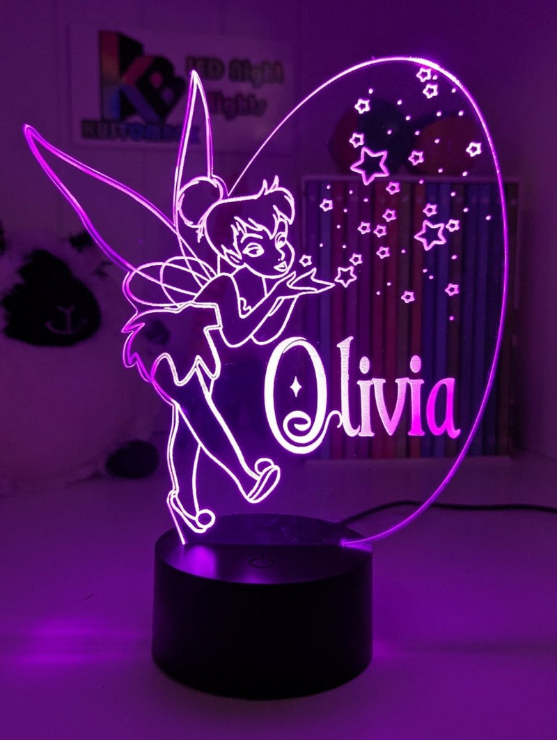 Personalised Fairy Tinker Bell 3D LED Night Light Lamp - KustomboxNight Lights & Ambient LightingKustomboxStandard Size - No NameWhite Crack Base
