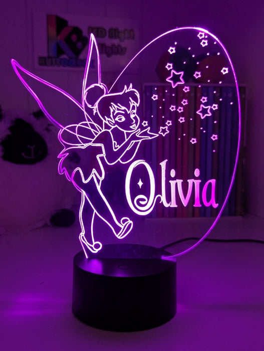 Personalised Fairy Tinker Bell 3D LED Night Light Lamp - KustomboxNight Lights & Ambient LightingKustomboxStandard Size - No NameWhite Crack Base