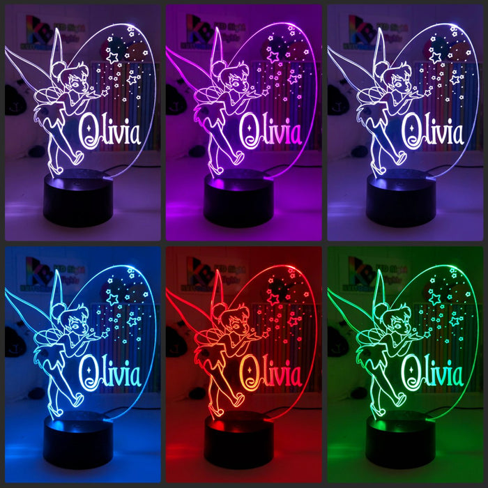 Personalised Fairy Tinker Bell 3D LED Night Light Lamp - KustomboxNight Lights & Ambient LightingKustomboxStandard Size - No NameWhite Crack Base
