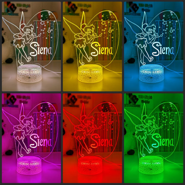 Personalised Fairy Tinker Bell 3D LED Night Light Lamp - KustomboxNight Lights & Ambient LightingKustomboxStandard Size - No NameWhite Crack Base