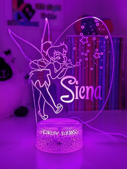 Personalised Fairy Tinker Bell 3D LED Night Light Lamp - KustomboxNight Lights & Ambient LightingKustomboxStandard Size - No NameWhite Crack Base