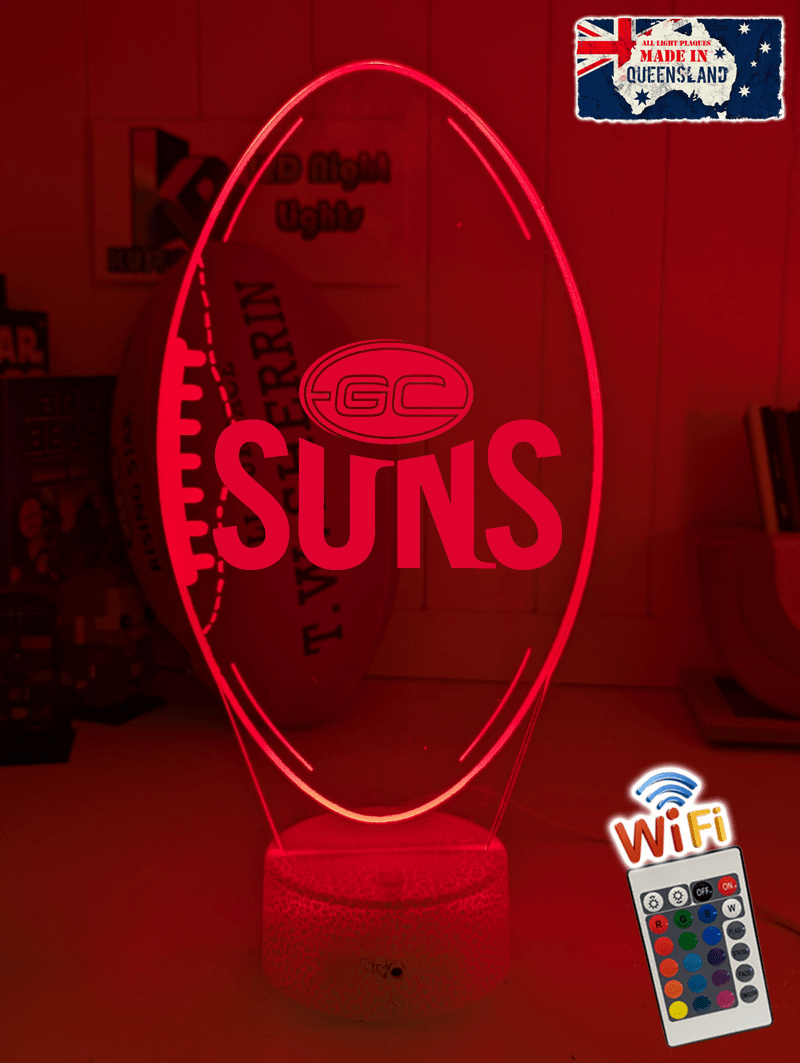 Gold Coast Suns old logo 3D LED light glowing in red, blue, green, yellow, purple, white and more.