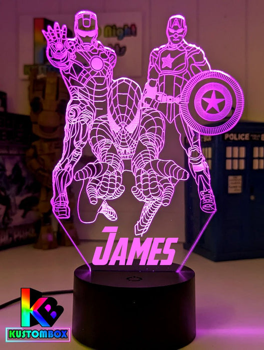 Personalised Name Iron, Spider Man, Captain America Super Hero 3D LED Night Light - KustomboxNight Lights & Ambient LightingKustomboxStandard Size