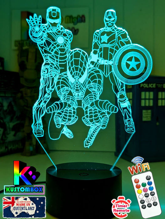 Personalised Name Iron, Spider Man, Captain America Super Hero 3D LED Night Light - KustomboxNight Lights & Ambient LightingKustomboxStandard Size