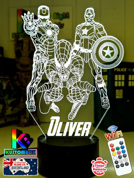 Personalised Name Iron, Spider Man, Captain America Super Hero 3D LED Night Light - KustomboxNight Lights & Ambient LightingKustomboxStandard Size