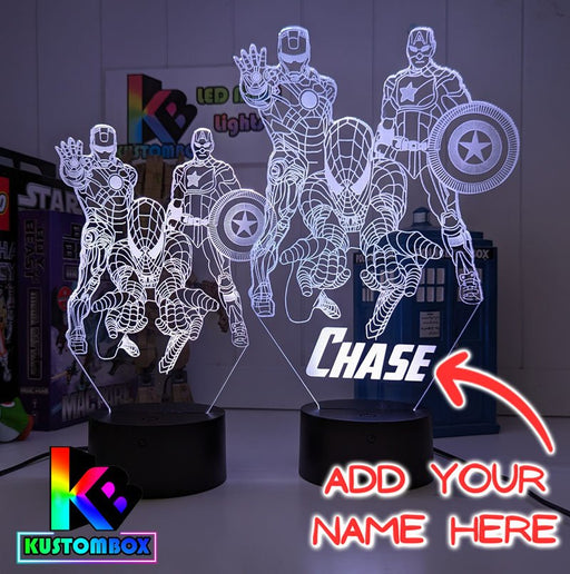 Personalised Name Iron, Spider Man, Captain America Super Hero 3D LED Night Light - KustomboxNight Lights & Ambient LightingKustomboxStandard Size
