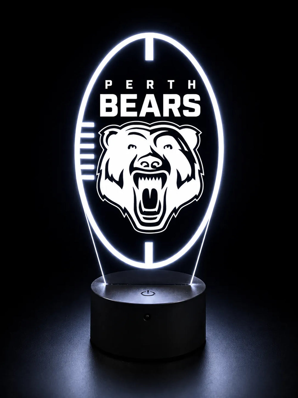 Light-up sign with 'Perth Bears' and a bear logo on a black background
