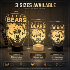 Three sizes of Perth Bears-themed lamps with measurements and features.