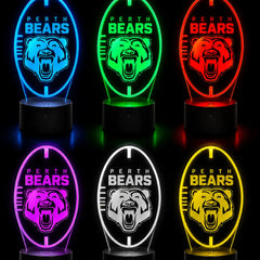 Set of six Perth Bears LED lights in different colors on a black background