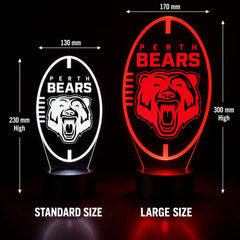 Comparison of standard and large size Perth Bears logos with measurements on a black background.