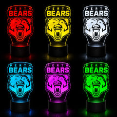 Set of six Perth Bears themed night lights in different colors on a black background.