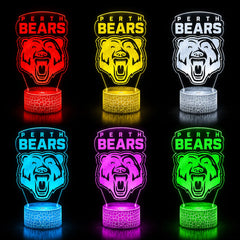 Set of six Perth Bears-themed night lights in different colors on a black background.