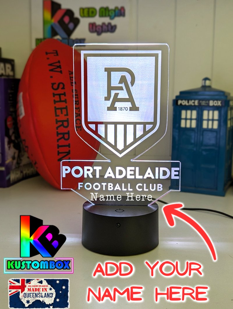 Port Adelaide Power 3D LED light glowing in red, blue, green, yellow, purple, white and more.