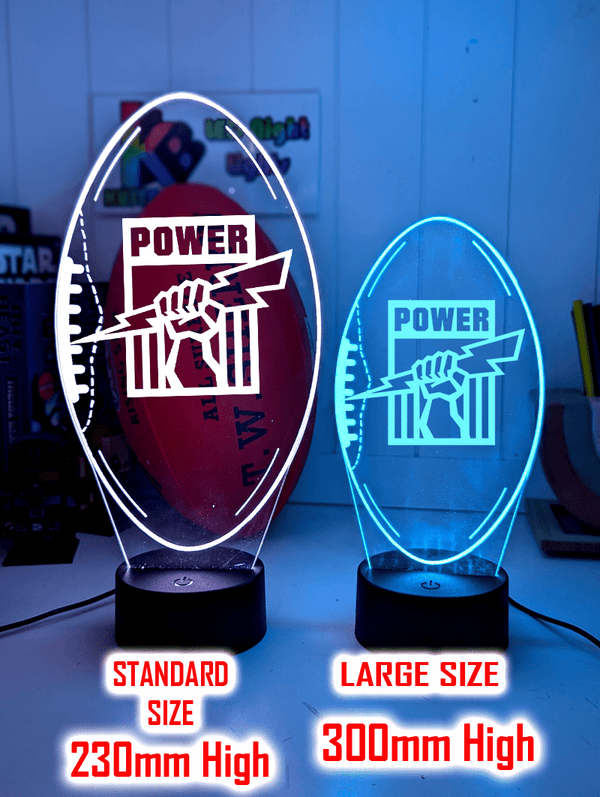 Port Adelaide Power 3D LED light glowing in red, blue, green, yellow, purple, white and more.