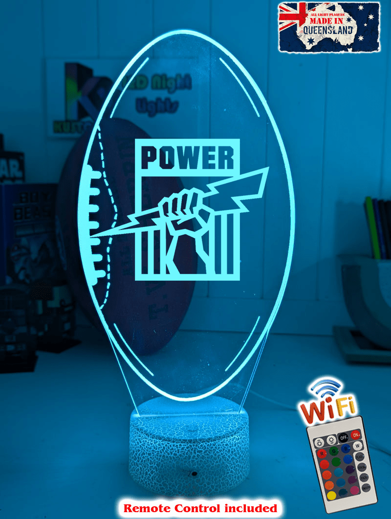 Port Adelaide Power 3D LED lamp with 16-colour remote control – adjustable brightness and fade.