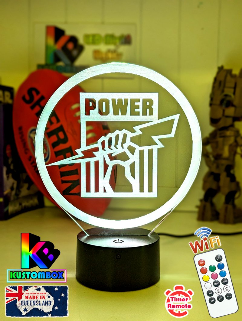 Port Adelaide Power old logo 3D LED lamp with 16-colour remote control – adjustable brightness and fade.