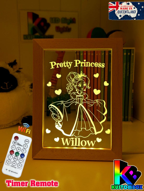 Pretty Princess Personalised Name Timber Frame USB 3D LED Night Light Lamp - KustomboxNight Lights & Ambient LightingKustomboxTimber Frame Light - $34.99