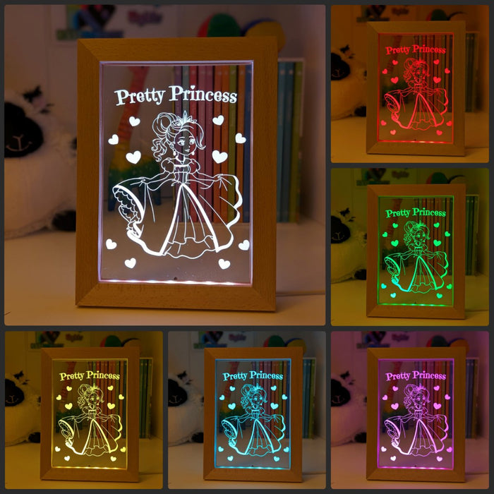 Pretty Princess Personalised Name Timber Frame USB 3D LED Night Light Lamp - KustomboxNight Lights & Ambient LightingKustomboxTimber Frame Light - $34.99