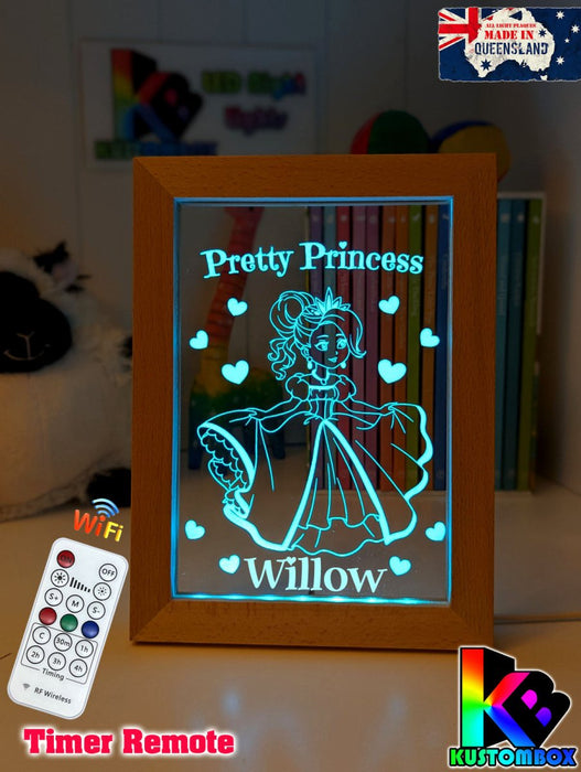 Pretty Princess Personalised Name Timber Frame USB 3D LED Night Light Lamp - KustomboxNight Lights & Ambient LightingKustomboxTimber Frame Light - $34.99