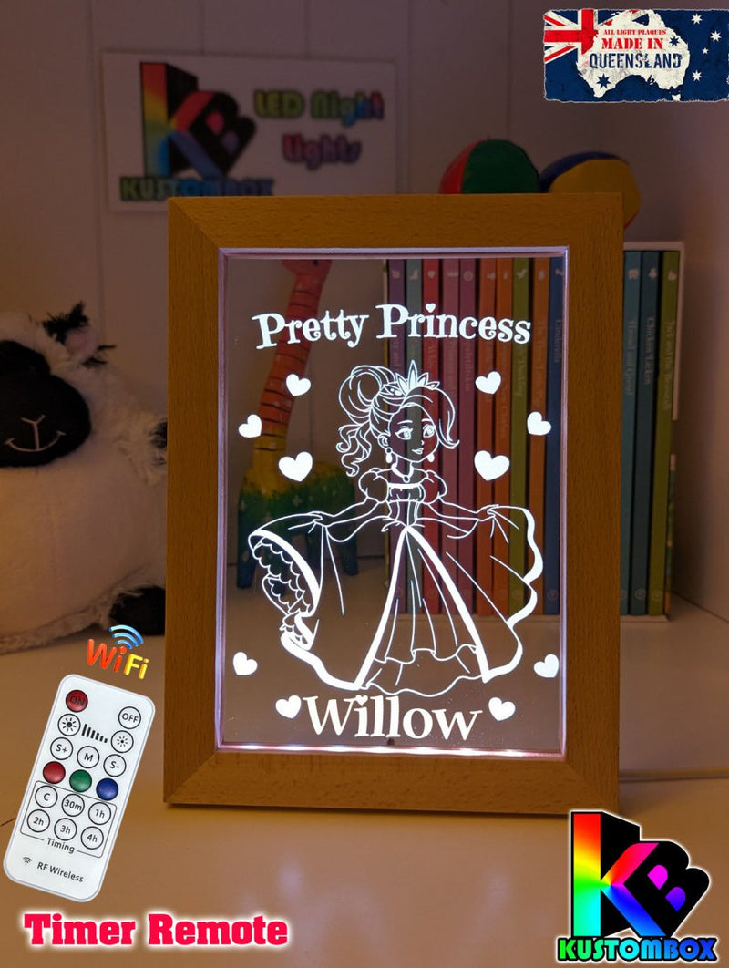 Pretty Princess Personalised Name Timber Frame USB 3D LED Night Light Lamp - KustomboxNight Lights & Ambient LightingKustomboxTimber Frame Light - $34.99