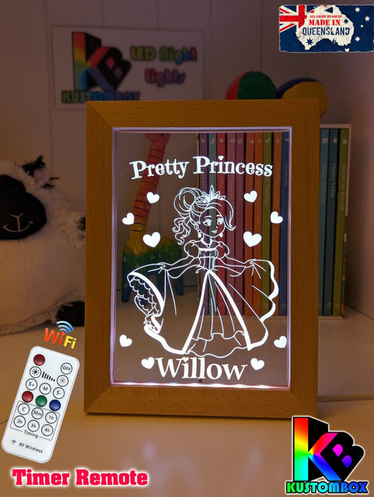 Pretty Princess Personalised Name Timber Frame USB 3D LED Night Light Lamp - KustomboxNight Lights & Ambient LightingKustomboxTimber Frame Light - $34.99