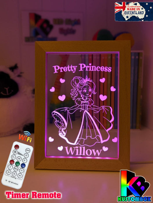 Pretty Princess Personalised Name Timber Frame USB 3D LED Night Light Lamp - KustomboxNight Lights & Ambient LightingKustomboxTimber Frame Light - $34.99