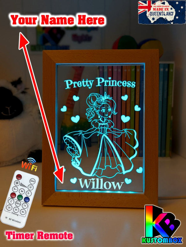 Pretty Princess Personalised Name Timber Frame USB 3D LED Night Light Lamp - KustomboxNight Lights & Ambient LightingKustomboxTimber Frame Light - $34.99