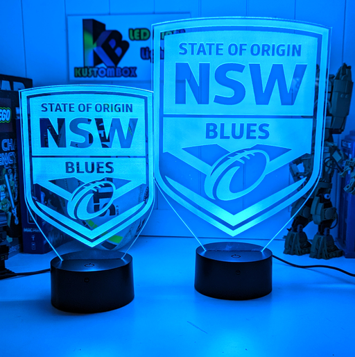 Custom NSW Blues LED lamp with engraved name, multi-colour lighting for rugby league fans