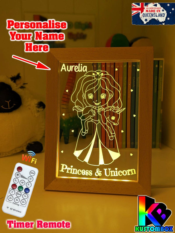 Princess & Baby Unicorn Personalised Name 3D LED Night Light - KustomboxNight Lights & Ambient LightingKustomboxTimber Frame Light - $34.99