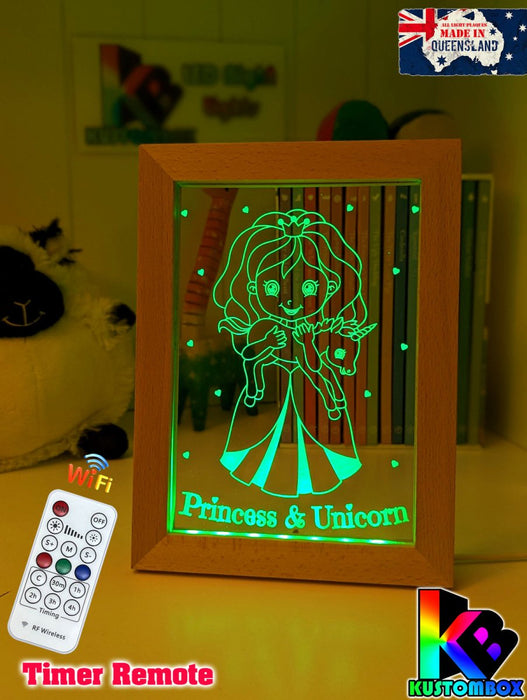 Princess & Baby Unicorn Personalised Name 3D LED Night Light - KustomboxNight Lights & Ambient LightingKustomboxTimber Frame Light - $34.99