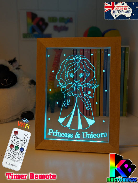 Princess & Baby Unicorn Personalised Name 3D LED Night Light - KustomboxNight Lights & Ambient LightingKustomboxTimber Frame Light - $34.99