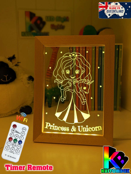 Princess & Baby Unicorn Personalised Name 3D LED Night Light - KustomboxNight Lights & Ambient LightingKustomboxTimber Frame Light - $34.99