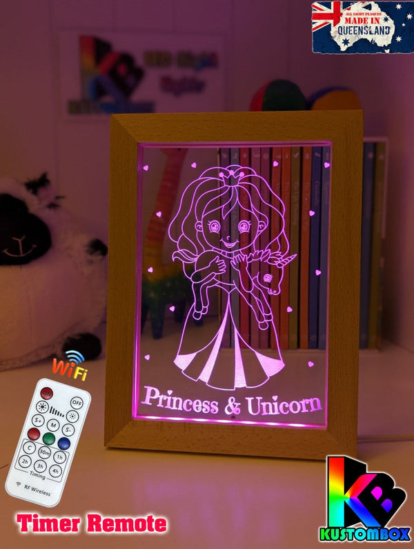 Princess & Baby Unicorn Personalised Name 3D LED Night Light - KustomboxNight Lights & Ambient LightingKustomboxTimber Frame Light - $34.99