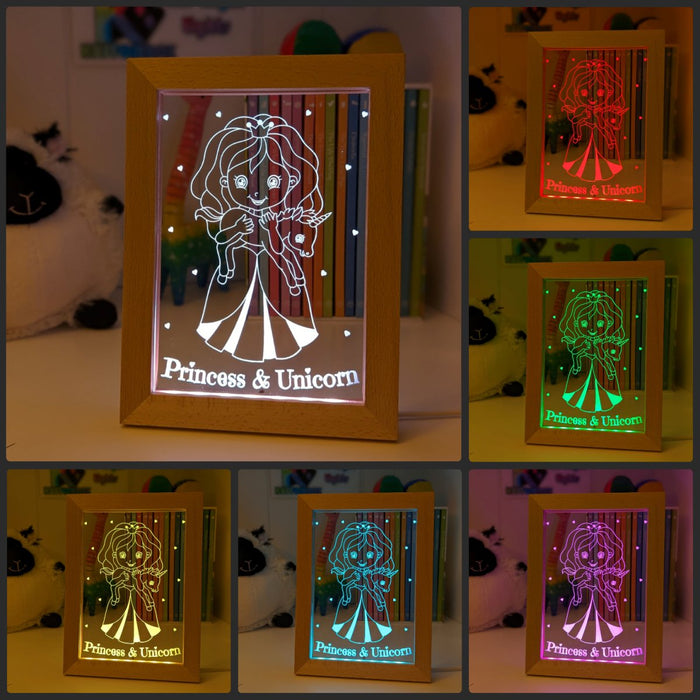 Princess & Baby Unicorn Personalised Name 3D LED Night Light - KustomboxNight Lights & Ambient LightingKustomboxTimber Frame Light - $34.99