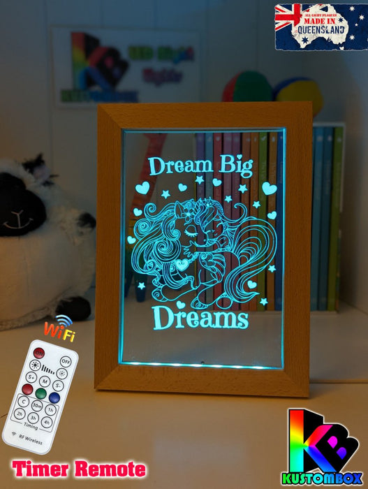 Princess & Unicorn Dream Big Personalised Name Timber Frame USB 3D LED Night Light Lamp - KustomboxNight Lights & Ambient LightingKustomboxTimber Frame Light