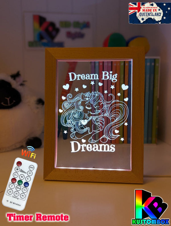 Princess & Unicorn Dream Big Personalised Name Timber Frame USB 3D LED Night Light Lamp - KustomboxNight Lights & Ambient LightingKustomboxTimber Frame Light
