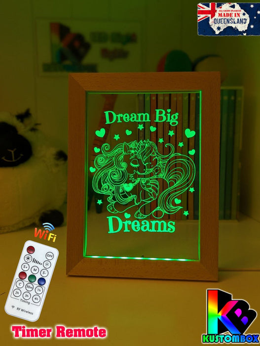Princess & Unicorn Dream Big Personalised Name Timber Frame USB 3D LED Night Light Lamp - KustomboxNight Lights & Ambient LightingKustomboxTimber Frame Light