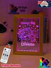 Princess & Unicorn Dream Big Personalised Name Timber Frame USB 3D LED Night Light Lamp - KustomboxNight Lights & Ambient LightingKustomboxTimber Frame Light