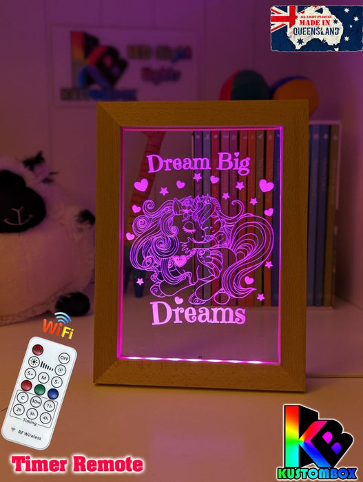 Princess & Unicorn Dream Big Personalised Name Timber Frame USB 3D LED Night Light Lamp - KustomboxNight Lights & Ambient LightingKustomboxTimber Frame Light
