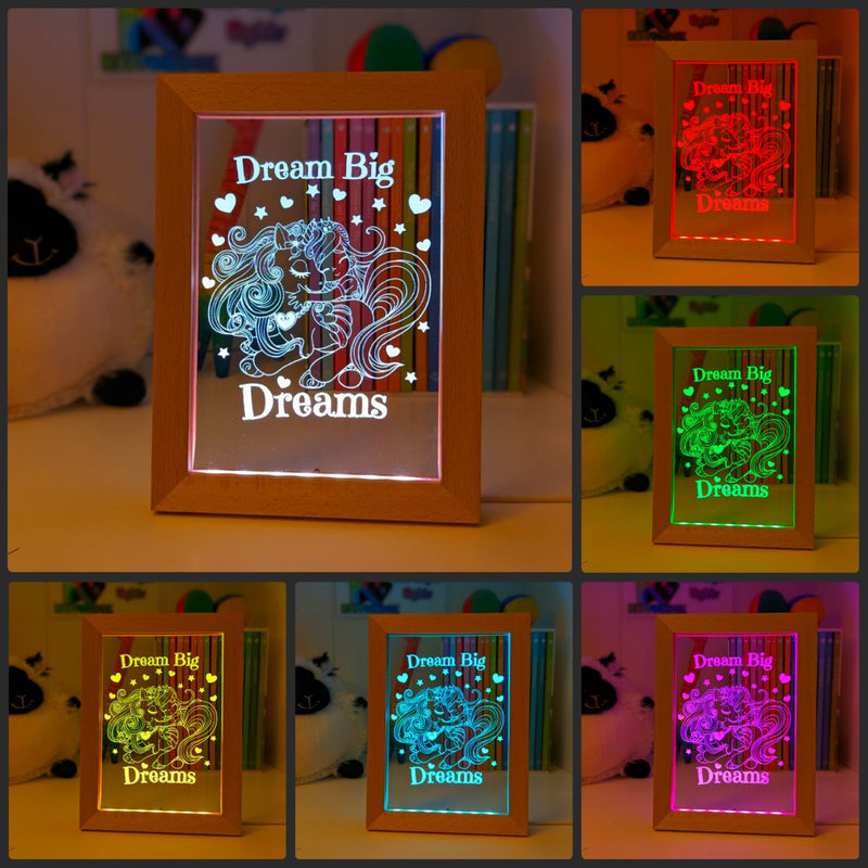 Princess & Unicorn Dream Big Personalised Name Timber Frame USB 3D LED Night Light Lamp - KustomboxNight Lights & Ambient LightingKustomboxTimber Frame Light