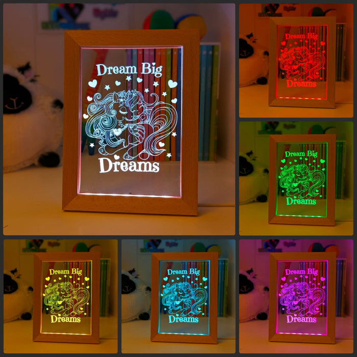 Princess & Unicorn Dream Big Personalised Name Timber Frame USB 3D LED Night Light Lamp - KustomboxNight Lights & Ambient LightingKustomboxTimber Frame Light